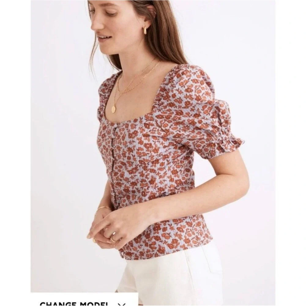 Madewell Button Front Smocked Back Floral Top NF231 Blue Rust Women Size 0